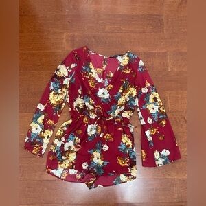 One Clothing Women Maroon Floral Casual Long Sleeve Romper Elastic Size Medium
